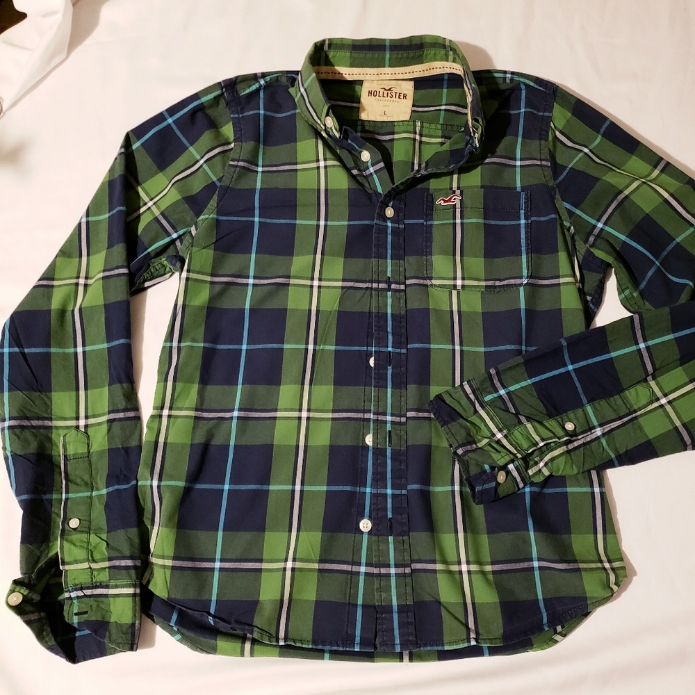 Hollister green, grey and blue plaid shirt